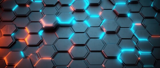 Sleek metallic hexagonal grid with raised tiles and glowing blue and orange neon edges on a dark surface, conveying futuristic high-tech energy and depth