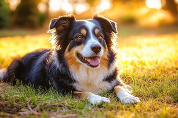 relaxed black and white dog lying on sunlit grass at golden hour, calm and content with soft backlit fur and warm bokeh background