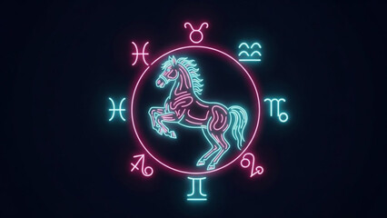 Neon horse zodiac sign astrology symbol, pink and blue glowing horse in circle with twelve zodiac