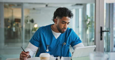 Man, nurse and writing in office with tablet for healthcare, prescription or notes. Patient report,...