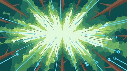 forest canopy technology illustration with data streams rising through treetops in abstract green woodland symbolizing digital sustainability