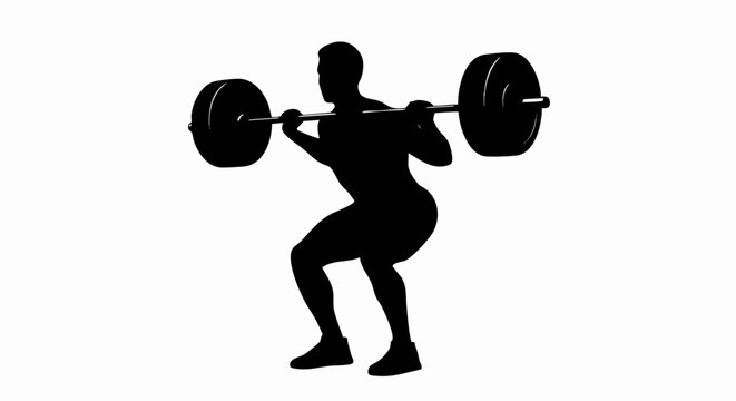 Silhouette of a man performing a barbell back squat exercise.