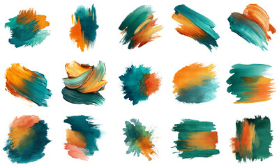 Explore a collection of vibrant teal and orange watercolor splashes, perfect for backgrounds or creative projects. Ideal for adding artistic flair and color.