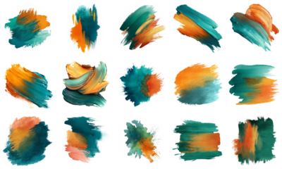 Explore a collection of vibrant teal and orange watercolor splashes, perfect for backgrounds or creative projects. Ideal for adding artistic flair and color.