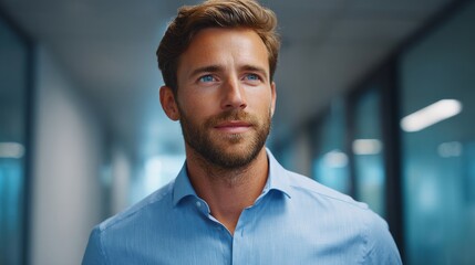 Obraz premium A determined man walks confidently in a modern office, exuding professionalism and determination