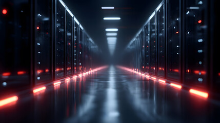 Cyber Infrastructure Gateway: A digital realm of server cabinets and illuminated corridors, this image captures the essence of data centers and digital transformation.