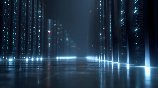 Data Alley: A cinematic view of data centers with lines of servers reflects futuristic digital landscape. A captivating visual that evokes a sense of innovation and technological advancement. - Powered by Adobe