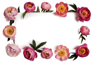 Pink peonies and green leaves surrounding a white blank rectangle on a black background peony flower isolated on a transparent background