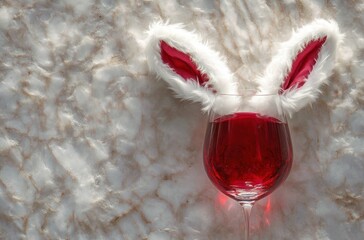 Stemmed wine glass filled with red liquid wearing white fluffy bunny ears with pink lining on a pale marble surface, playful whimsical vibe