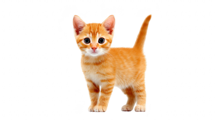 Adorable orange tabby kitten with bright eyes and upright tail standing on transparency background, displaying playful and curious expression, perfect for pet and animal themes