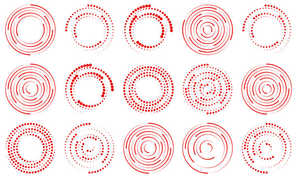 Red dotted and line spiral circle pattern set with abstract radial swirl elements isolated on transparent background