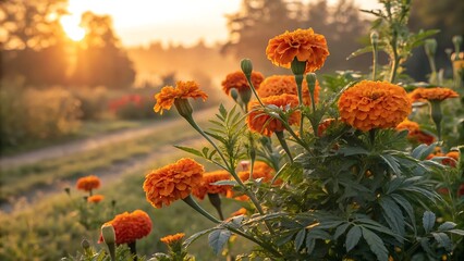 Golden hour radiance on a vibrant field of orange marigold flowers at sunrise
