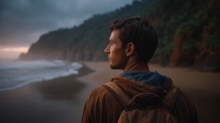 Fototapeta premium A thoughtful man standing on a beach, looking toward the horizon