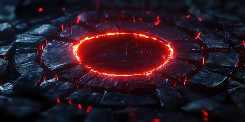 glowing molten red ring surrounded by cracked dark stone tiles with rising embers and sparks, dramatic ominous energy core on a wet reflective surface