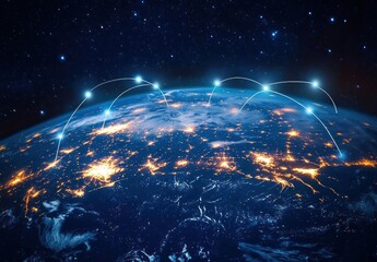 Glowing Earth at night with illuminated city lights, arcing light connections between bright nodes under a starry space sky conveying futuristic global connectivity and awe