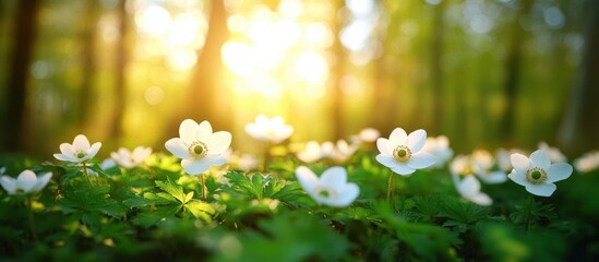 sunlit forest floor carpeted with white wildflowers and green leaves, gentle golden glow and tranquil morning mood