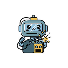 Fototapeta premium Cartoon robot welding sparks flying from metalwork, an-16 reference illustration