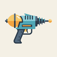 A stylized retro ray gun with blue and yellow accents.