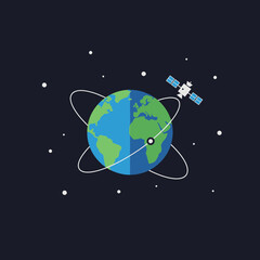 Satellite orbits planet earth with orbits and stars.