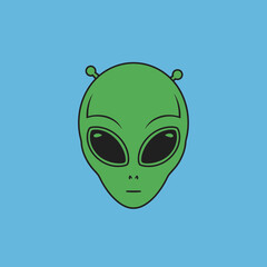 Green alien head with large black eyes and small antennae.