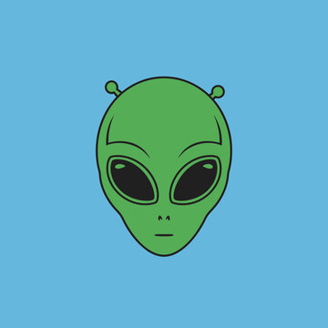 Green alien head with large black eyes and small antennae.