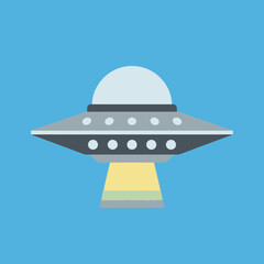 Flying saucer with lights and beam descending.