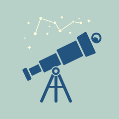Telescope points to constellation and stars in the night sky.
