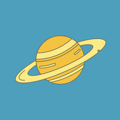 Yellow planet with rings and stripes, simple illustration.