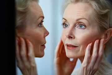 Older woman with short gray hair adjusts an earring in front of a mirror, wearing a cream knit sweater, gentle contemplative expression in soft natural light