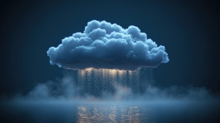 single glowing fluffy cloud hovering above calm reflective water, gently shedding sparkling rain with low mist in a moody blue night atmosphere, serene and mysterious