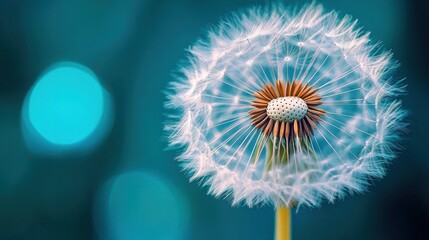 close-up of a dandelion seed head with delicate white fluff and exposed brown seed center against a soft turquoise bokeh background, serene and dreamy