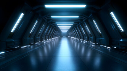 Tunnel Vision: A futuristic tunnel with sleek lines and neon lighting, beckoning viewers to explore the depths of its design, conveying a sense of vastness and technological advancement.