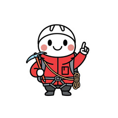 Fototapeta premium Cartoon climber in red jacket and helmet holding ice axe and rope, giving a thumbs up, an eighteen style graphic