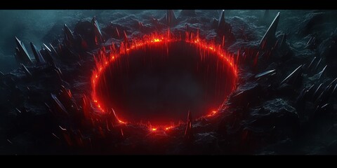 Ominous glowing red circular crater ringed by jagged black spires and dark rocky terrain, emitting smoke and eerie light