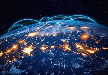 curved earth at night showing glowing city lights, cloud cover and neon blue arcs connecting points across the planet, conveying futuristic global connectivity and optimism