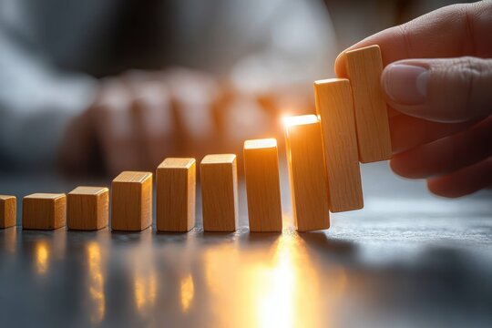 hand preventing a row of wooden blocks from toppling with warm reflective light, conveying protection, control and steady progress