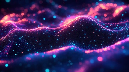 Mesmerizing neon particle landscape with undulating glowing waves, sparkling bokeh and glittering blue and pink lights creating a dreamy futuristic atmosphere