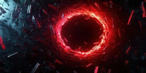 Ominous glowing red vortex of shattered crystal and glass shards encircling a deep black void with scattered cyan fragments, intense swirling energy and fiery radiance