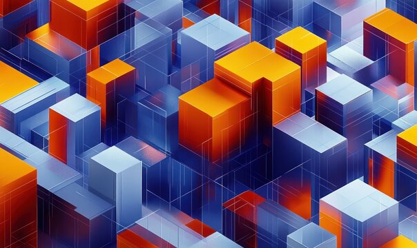 futuristic abstract city of translucent and solid glowing orange and blue cuboids with gridlines and deep perspective, energetic and vibrant mood