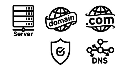 Obraz premium Network Infrastructure Icons - Server, Domain, DNS, and Security Shield.
