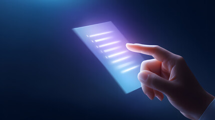 Interactive Digital Interface: A sleek, futuristic scene where a hand interacts with a holographic interface, evoking a sense of innovation and cutting-edge technology.