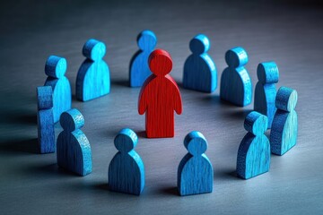 red wooden figurine standing in the center of a circle of blue wooden figurines conveying isolation, scrutiny and being singled out