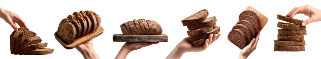 Set of hand holding brown Pumpernickel sourdough bread bun, slice stack pile, wooden serving board, transparent cutout PNG. Many different style. Mockup design