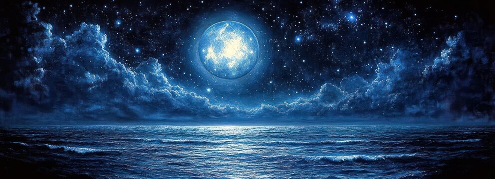 huge luminous full moon over a calm starlit ocean with rolling waves, dramatic clouds and shimmering moonlight creating a serene mystical nighttime seascape