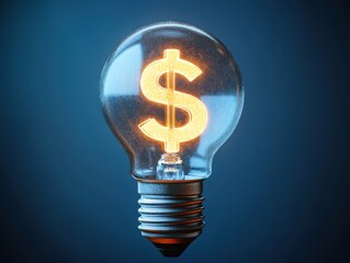 glowing dollar sign filament inside a clear light bulb with metallic screw base on a blue background, conveying a bright financial idea and innovative energy
