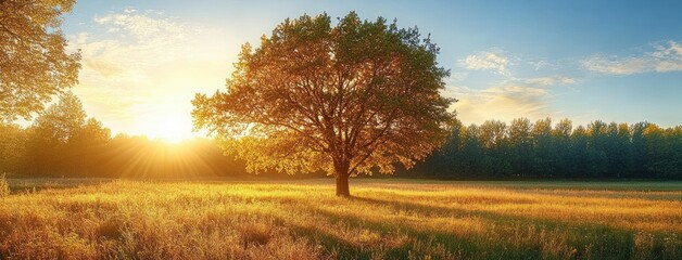 Solitary tree in a golden meadow at sunrise, warm sun rays casting long shadows across tall grass, tranquil countryside with distant treeline and clear blue sky