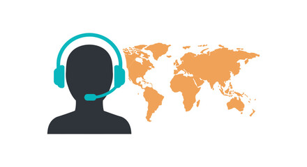 global customer support operator icon with headset beside world map illustration concept for international call center and online service