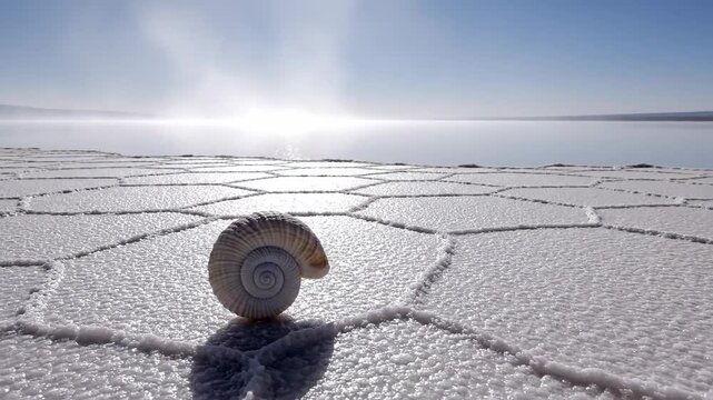 A Solitary Nautilus Shell Rests on the Vast, Cracked White Salt Flats Under a Brilliant Sunrise Sky