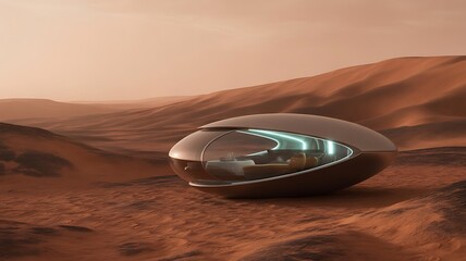 futuristic egg shaped house on sandy desert landscape