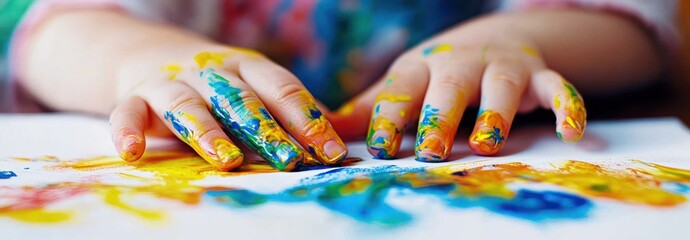 close-up of a child's paint-covered hands fingerpainting bright yellow blue and green smudges on paper, playful joyful creative moment